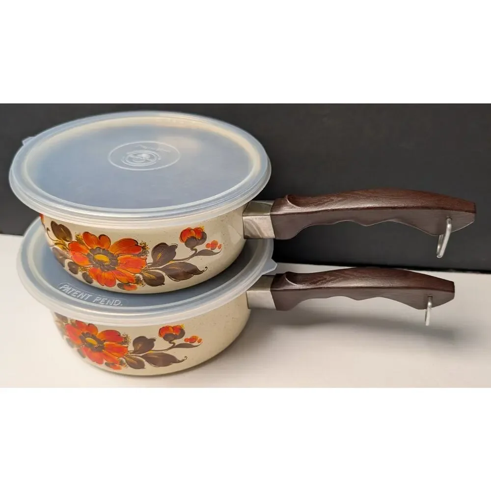 Vtg 70s Moneta Enamelware Pot Pan Set w/Lids 2 Cream Orange Brown Floral 6pc NEW